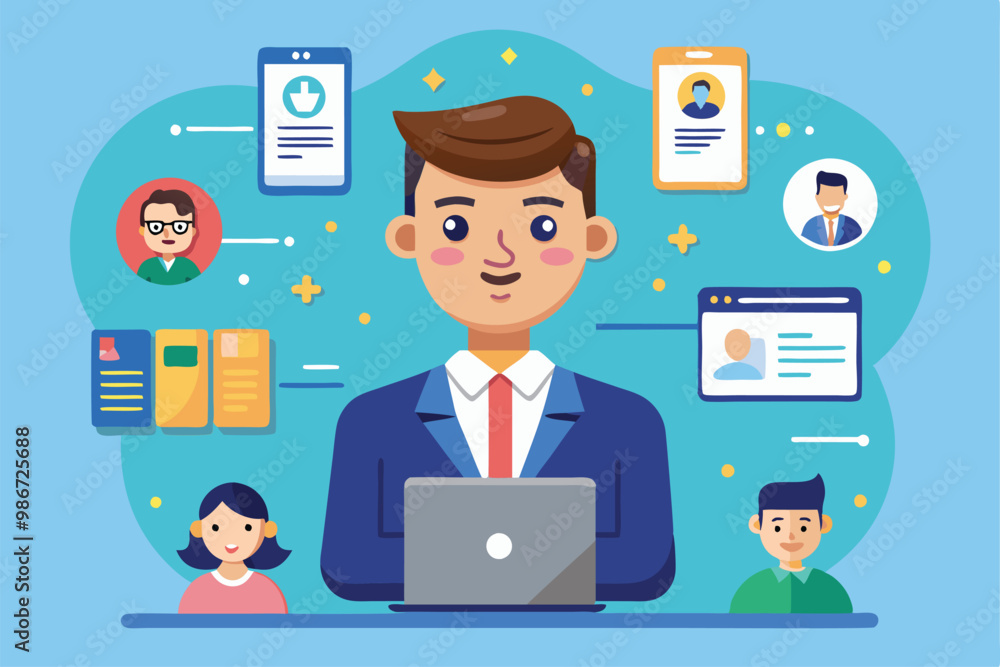 Poster a professional character engages with a laptop while profile icons and documents float around them, 