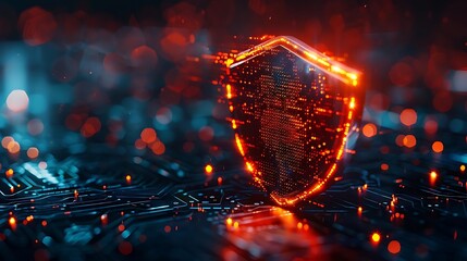 A glowing digital shield representing cybersecurity and data protection in a tech environment.