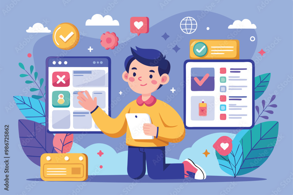 Poster a character interacts with ui and ux designs while holding a tablet in a colorful environment, custo