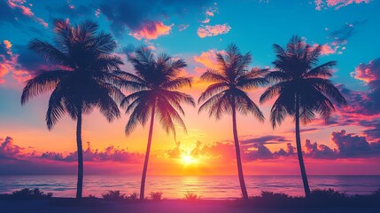 Naklejka premium Silhouette of Palm Trees at Sunset Over a Tropical Ocean