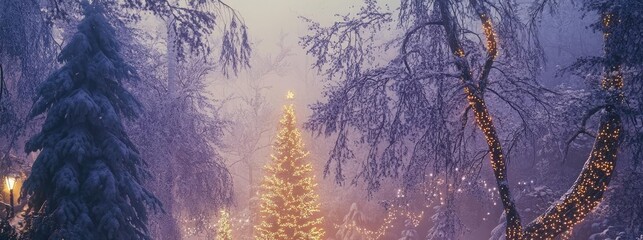 A serene winter scene featuring a glowing Christmas tree in a snowy forest, evoking warmth and holiday spirit.