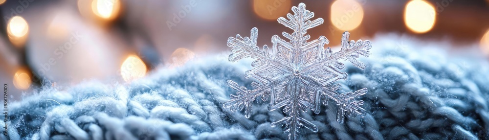 Poster a close-up of a delicate snowflake resting on a cozy knitted blanket, with soft glowing lights in th