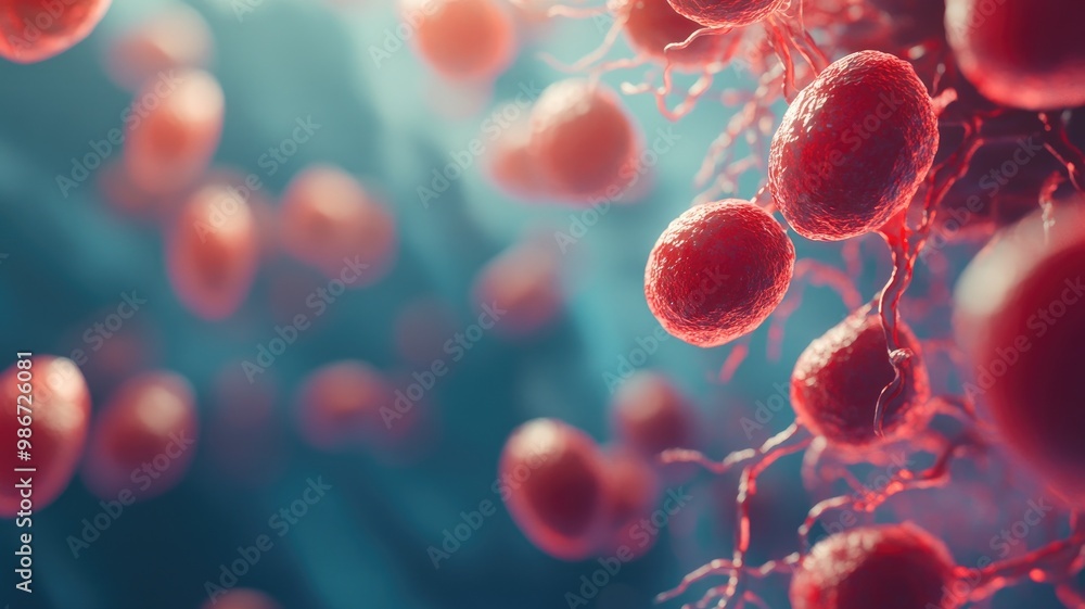 Aufkleber microscope view of red circular cells and network in blue fluid