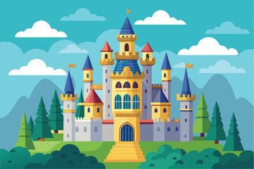 Naklejka premium A vibrant castle illustration features towers and flags, nestled amidst lush greenery and mountains, Customizable castle illustration