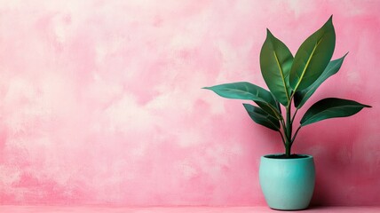 Green potted plant against pink textured wall