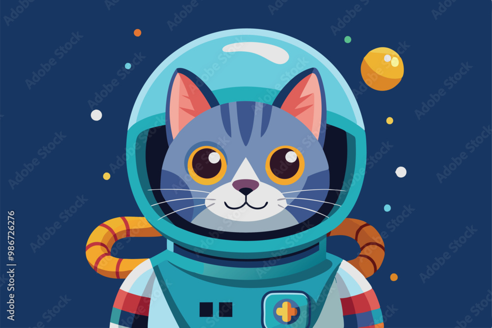 Poster a cheerful cat in a spacesuit explores a colorful galaxy filled with planets and stars, customizable