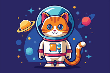 Naklejka premium An adorable cat dressed as an astronaut stands against a celestial background, ready for exploration, Customizable cat astronaut illustration in semi-flat style.
