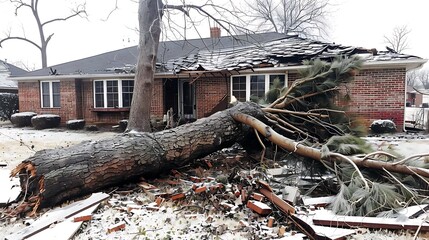 A fallen tree has damaged a house, with debris scattered around in a winter setting.