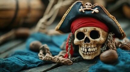 Fototapeta premium Skull in pirate hat with red bandana and beads Nautical props background
