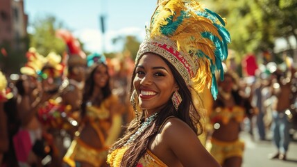 Obraz premium Smiling woman in traditional costume at festive outdoor parade with colorful feathers and bright sunlight