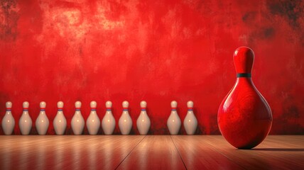Single red bowling pin stands apart from white pins against textured wall in wooden-floored alley