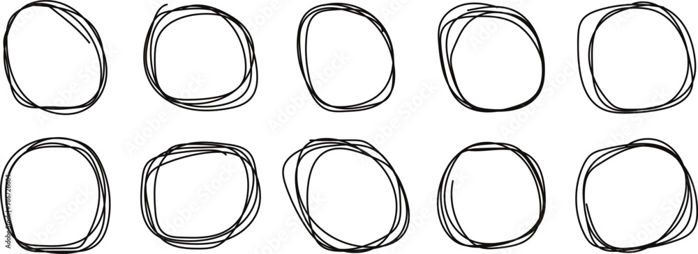 Poster set of hand drawn scribble round circle frame vector illustration.