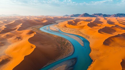 Aerial View of a Winding River Cutting Through Orange Sand Dunes in a Desert Landscape