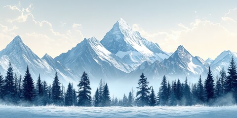 Snow-capped mountain peaks with pine forest, landscape illustration
