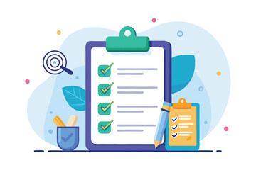 A checklist is designed for personal goal setting and tracking completion with colorful markers and notes, Customizable checklist for personal goals with isometric illustration.