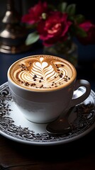 A beautifully crafted latte art in a white cup, accompanied by a spoon and flowers.
