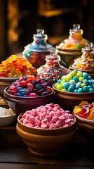 Fototapeta premium A colorful assortment of candies displayed in jars and bowls, inviting for a sweet treat.