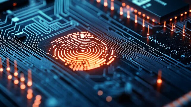 Exploring intricate circuitry with a glowing fingerprint pattern at a tech lab during an innovation showcase
