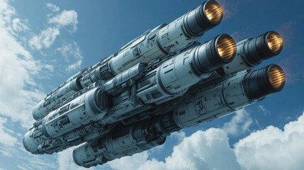 A space ship with four engines is flying through the sky. The sky is blue and there are clouds in the background. Scene is adventurous and exciting