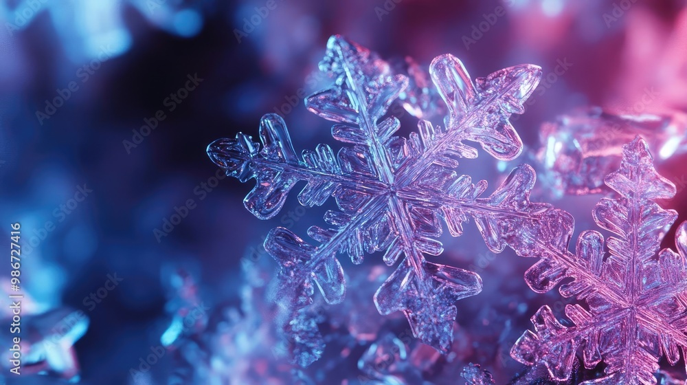 Poster detailed close-up of a snowflake showcasing intricate patterns and colorful light reflections, encha