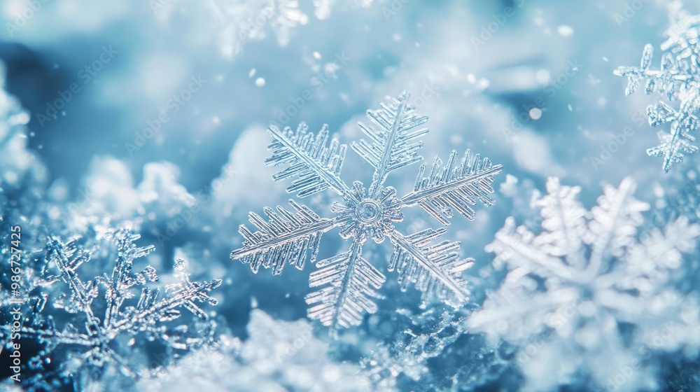 Poster close-up of a delicate snowflake resting on a bed of soft snow, showcasing intricate patterns and wi