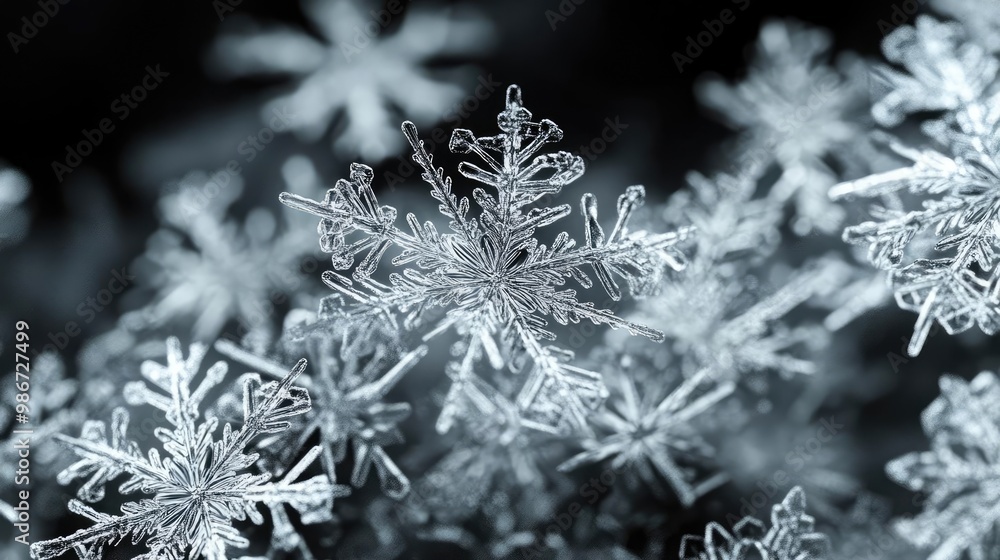 Poster captivating close-up of intricate snowflakes, showcasing their unique patterns and delicate structur