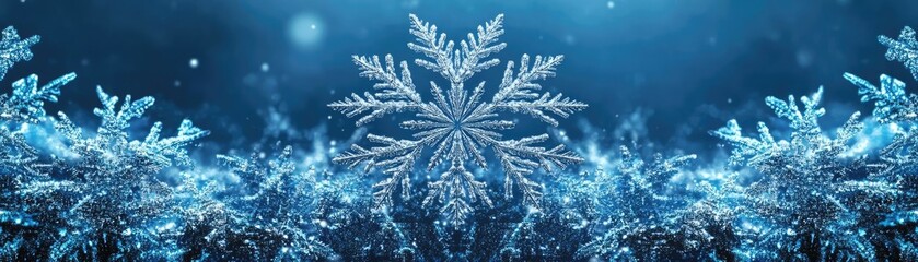 A stunning close-up of a snowflake, beautifully detailed against a sparkling blue background, capturing winter's elegance.