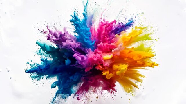 Vibrant powder particles explode in a spectrum of colors against a white background. Blue, pink, purple, and yellow pigments collide and blend, creating dynamic cloud formations. 