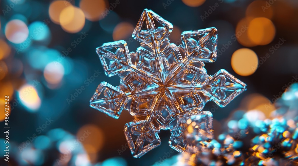 Aufkleber close-up of a beautiful snowflake surrounded by colorful bokeh lights, capturing the essence of wint