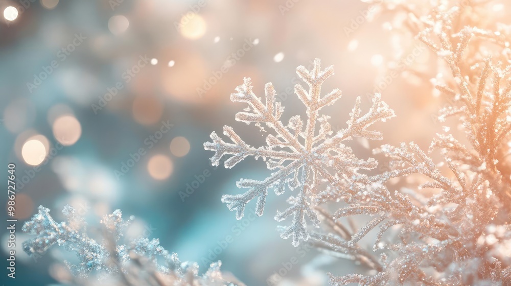 Poster a delicate snowflake sparkling in soft light, creating a magical winter atmosphere, perfect for seas