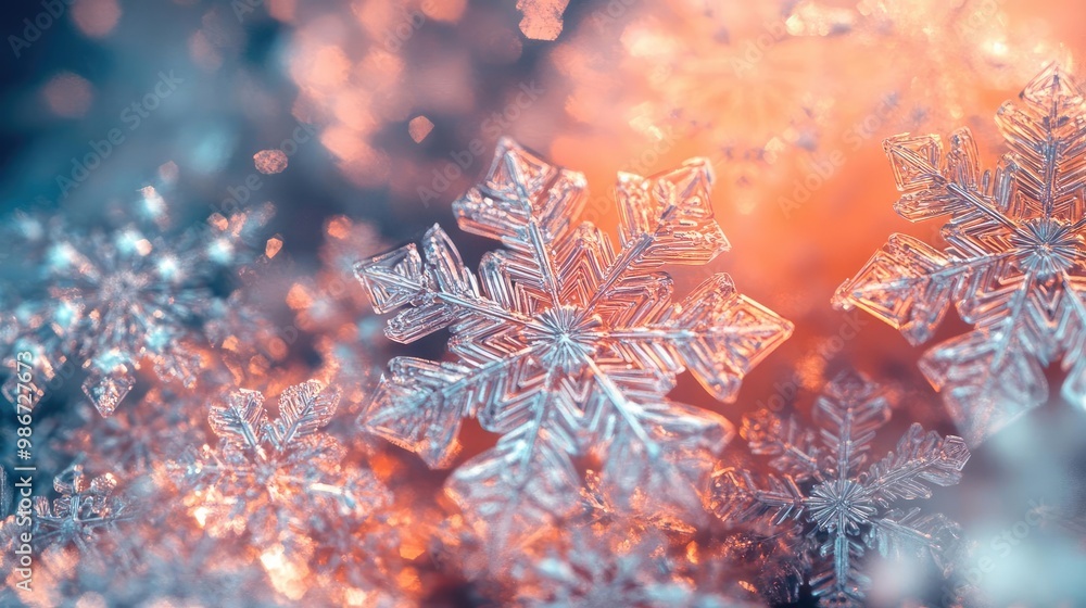 Poster close-up of a delicate snowflake surrounded by shimmering ice crystals, showcasing intricate pattern