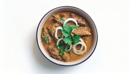 Beef Curry in a Bowl with Onion and Parsley Garnish