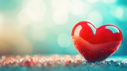 Fototapeta premium Shiny red heart-shaped object on blurred teal background