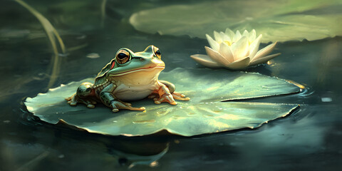 Frog on lily pad in serene pond setting