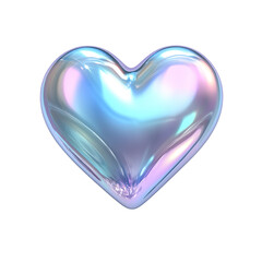 A 3D holographic heart-shaped, metallic in color with a silver and blue gradient on a white background isolated PNG