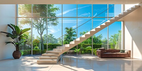 Fototapeta premium A modern interior with a staircase, large windows, plants, and a cozy couch.