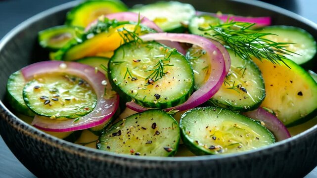 Fresh cucumber salad with dill and onion prepared in a stylish bowl, perfect for summer meals or side dishes