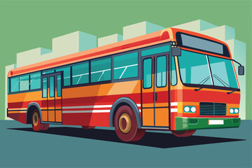 A colorful city bus design stands prominently in an urban landscape, showcasing unique features and styling, Customizable city bus illustration that is disproportionate.