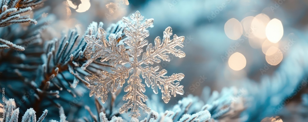 Poster a beautiful close-up of a frosted snowflake resting on evergreen branches, enhancing the wintery atm