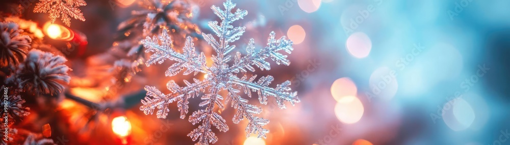 Poster a close-up of a delicate snowflake surrounded by colorful lights, capturing the magic of winter and 