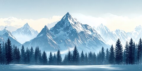 Snow-capped mountain peaks with pine forest, landscape illustration