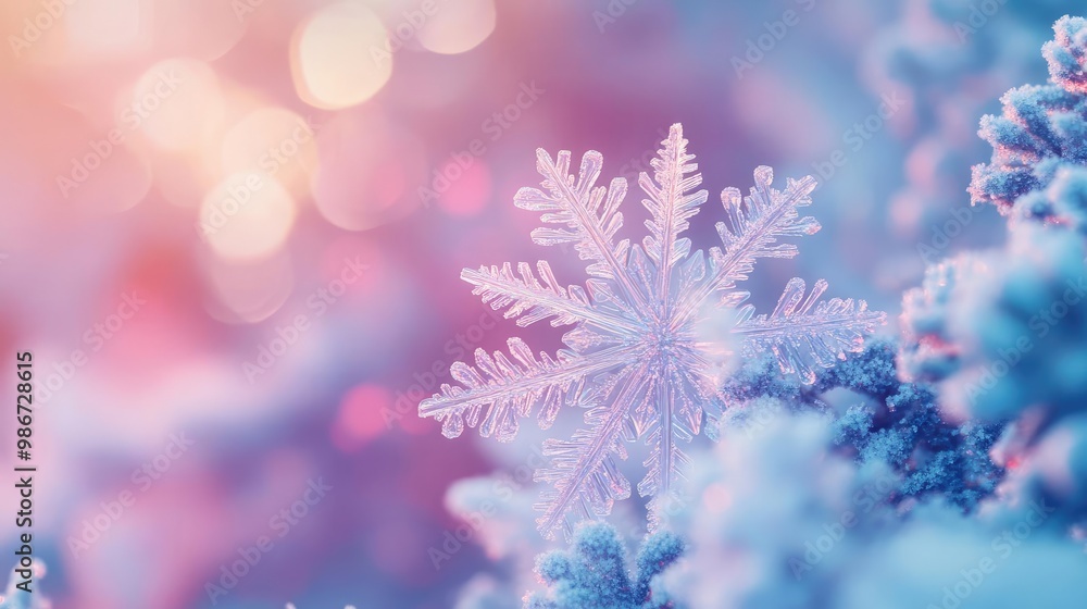 Poster a beautiful close-up of a snowflake resting on frost, with a dreamy bokeh background in soft pink an