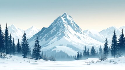 Obraz premium Snow-capped mountain peaks with pine forest, landscape illustration