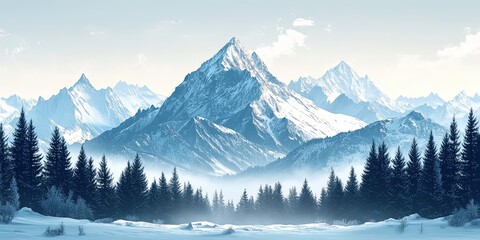 Snow-capped mountain peaks with pine forest, landscape illustration
