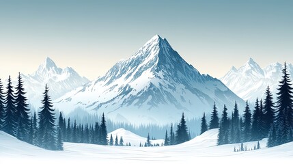 Snow-capped mountain peaks with pine forest, landscape illustration