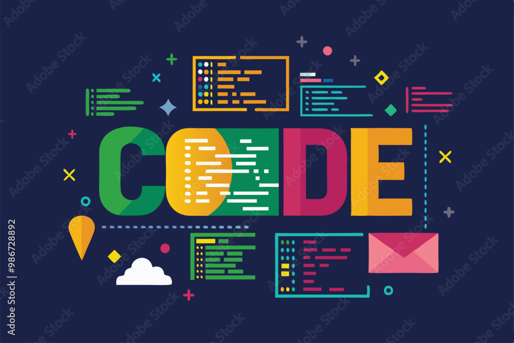 Poster a vibrant illustration showcasing customizable code elements and abstract shapes on a dark backdrop,