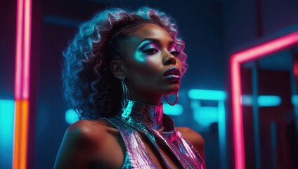 Woman with shoulder-length wavy hair and a glitch effect in an artistic futuristic portrait