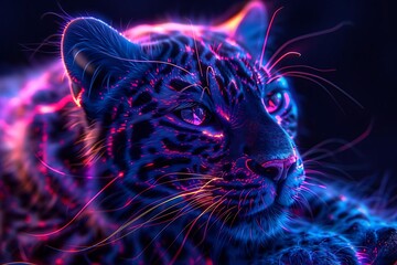 A vibrant, neon-style depiction of a leopard, showcasing intricate patterns and colors.