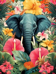 Elephant Head Surrounded by Vibrant Tropical Flowers and Lush Green Foliage