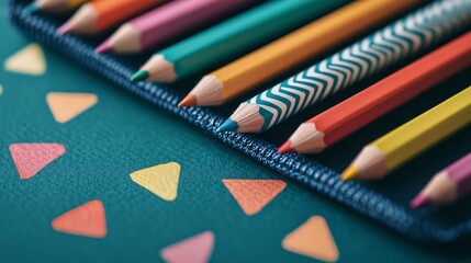 Colorful Pencils on Green Background with Triangles